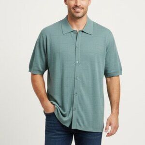 Paul Fredrick XL Button Up Knit Shirt Blue 100% Silk Short Sleeve Windowpane